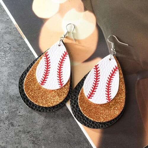 Leather Base ball earrings for women silver color drop earrings glitter green orange red glitter bling baseball jewelry