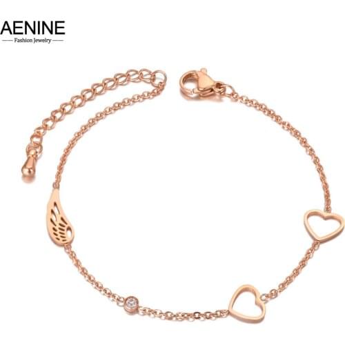 AENINE Titanium Stainless Steel CZ Crystal Wing Heart Charm Bracelets For Women Girls Trendy Office Chain Link Jewelry AB21007