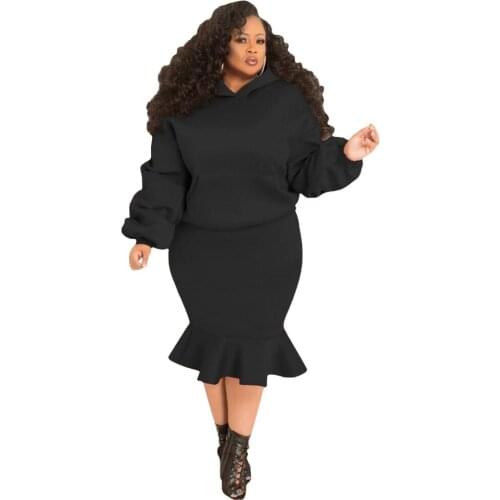 Hooded Collar Full Sleeve Top with Pocket Mermaid Skirt Suit Plus Size Women Set Elegant Birthday Dress Special Occasion Wear