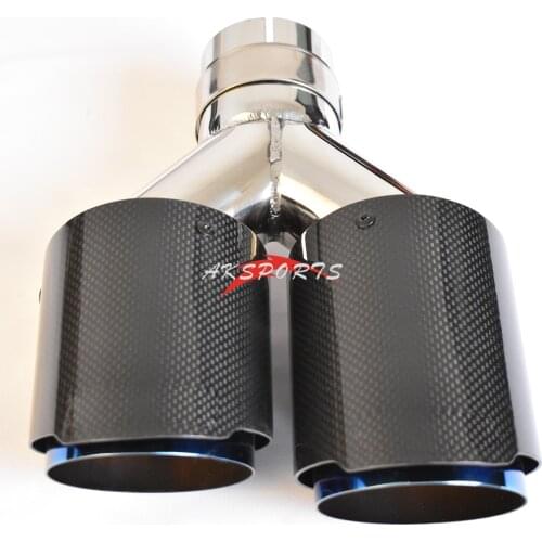 1 PC Left Side Dual Twill Glossy Carbon Fiber Muffler Tip A Logo Blue Stainless Steel Exhaust Tip Flange Straight For BMW E90