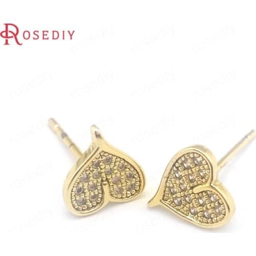 39650)6PCS 24K Gold Color Brass and Zircon Heart Stud Earrings Pins Earrings Jewelry Making Supplies Diy Findings Accessories