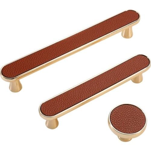 5pcs Gold Leather Door Handles and Knobs for Cabinet Kitchen Cupboard Zinc Alloy Furniture Handles Dresser Drawer Pulls Hardware