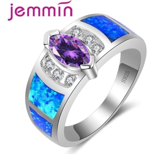 925 Sterling Silver Jewlery Women Party Rings Crystal Geometric Blue Opal Finger Ring For Engagement Anniversary Jewelry
