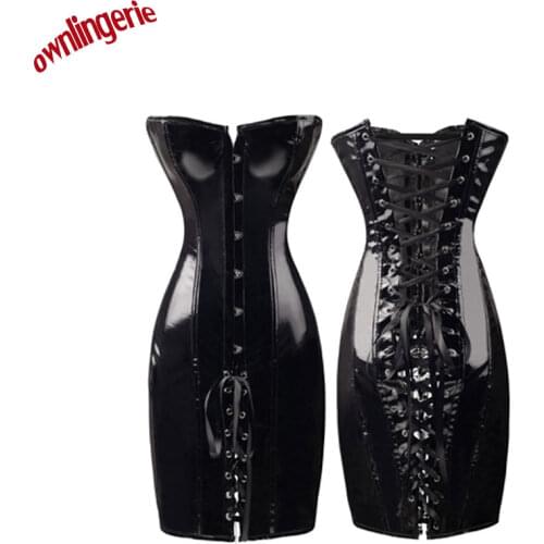 Free shipping big women corset dress,wetlook leather corset underwear,faux leather busiter corset dress shapwear clothing