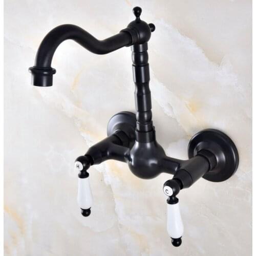 Black Oil Rubbed Bronze Wall Mounted Bathroom Kitchen Sink Faucet Swivel Spout Mixer Tap Dual Ceramics Handles Levers anf869