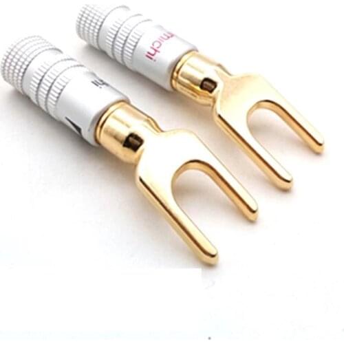 Hifi 4pcs Brass Gold plated Audio Screw Fork Connector Adapter Y Spade Speaker Plugs
