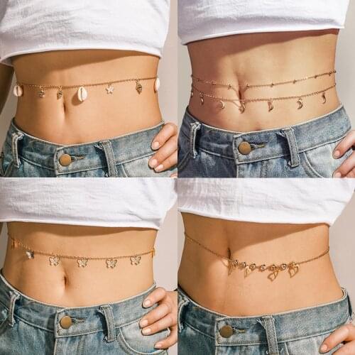 HuaTang Charms Butterfly Love Heart Pendant Waist Chain for Women Crystal Star Moon Shell Waistband Beach Pants Accessories