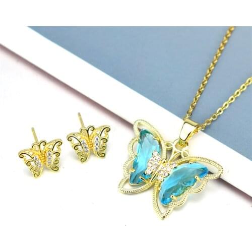 Korean Fashion Clear Glass Butterfly Earrings Butterfly Pendant with O-chain Necklace Butterfly Stud Necklace Set Matching