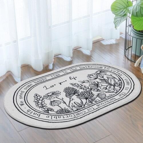 Ellipse Imitation cashmere bath mat INS style plant printing bathroom carpet Living room absorbent anti-slip floor mat