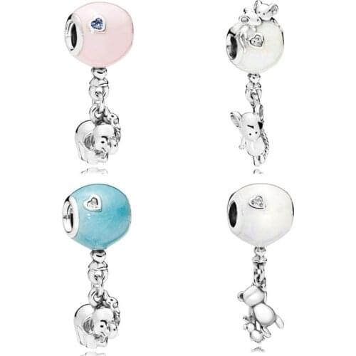Original Elephant dangling Pink & Blue Enamel Balloon Teddy Rabbit Pendant Bead Fit Europe Bracelet 925 Sterling Silver Charm