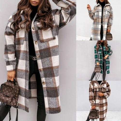 2021 Autumn Winter Female Thick Cotton Coat Jackets Fashion Plaid Turn-Down Collar Long Sleeve Warm Surcoat Plus Size S-XXL