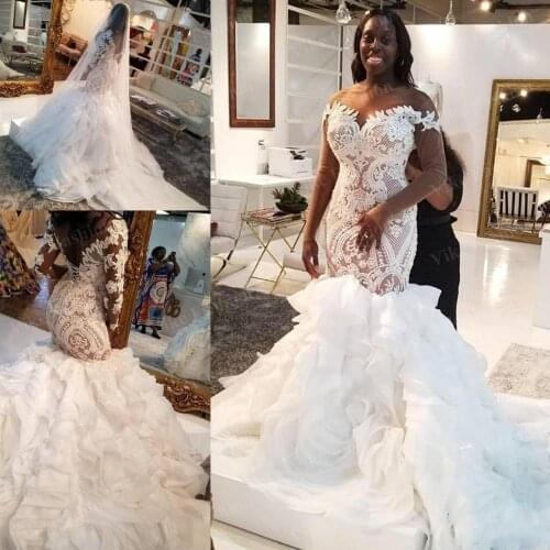Fabulous Lace African Mermaid Wedding Dresses Long Sleeve Lace Up Back Ruffles Tiered Court Train Bride Wedding Gown Plus Size