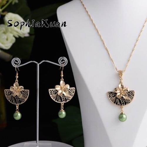 SophiaXuan Hawaiian Polynesian Jewelry Sets Black Sector Plumeria Flowers Pearl Pendants Necklaces and Earrings for Women Gifts