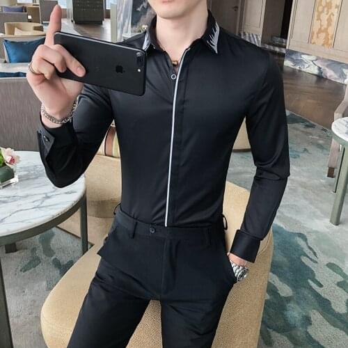 High Quality Embroidery Collar Simple Long Sleeve Men Casual Shirts Fashion Business Formal Wear Office Blouse Homme Slim Fit