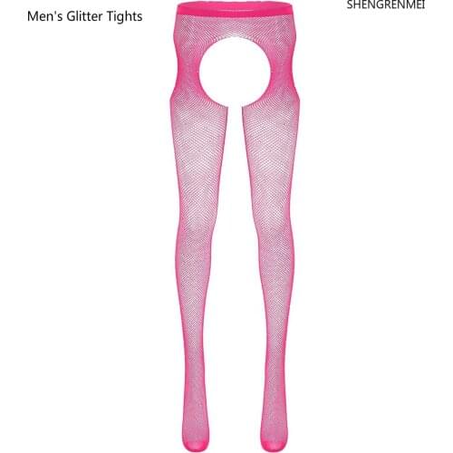 SHENGRENMEI Sexy Glitter Tights for Mens Pantyhose Open Crotch Stockings Rhinestone Mesh Plus Size Men Tight Gay Male Underwear