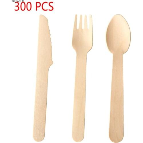 Disposable Wooden Cutlery 300 pack -Forks(100), Knives(100) and Spoons(100), Perfect Alternative For Plastic