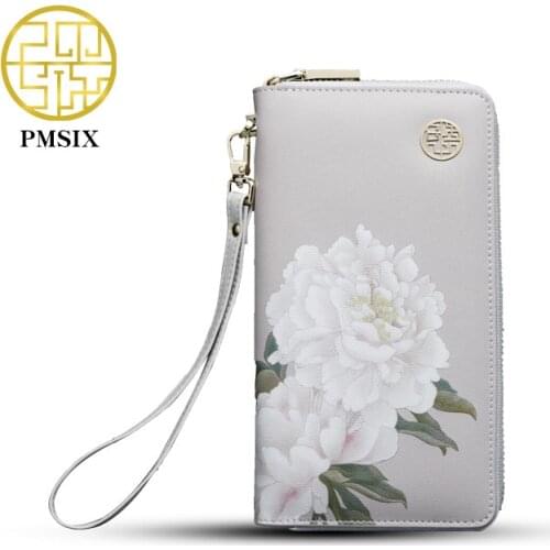 Pmsix Cattle Leather woman Wallet Floral Printing Chinese Style Wallet Long Zip Wristlet Bag Brand Design Casual Purse