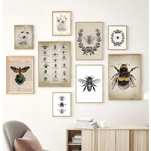 Vintage Bumble Bee Illustration Art Prints Bee Insect Poster Farmhouse Country Retro Wall Art Canvas Painting Living Room Decor