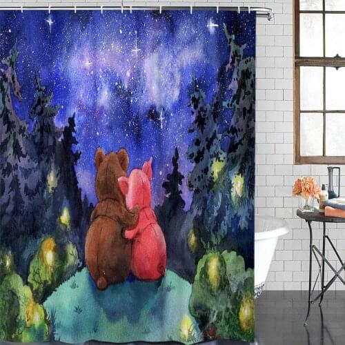 Cartoon Bath Curtain Love Bears Shower Curtain Waterproof Polyester Fabric Bathroom Decor