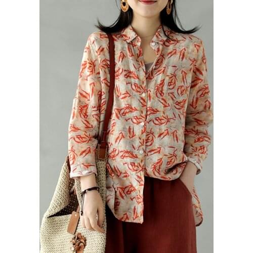 Women Spring Printed Ramie Shirts Ladies Vintage Loose Ramie Blouse Tops Female 2020 Retro Shirt