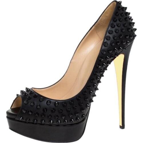 Moraima Snc Sexy Peep Toe Platform Pumps Rivets Studded High Heel Shoes Woman Super High 14cm Party Dress Shoe Pumps