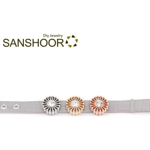 SANSHOOR Flower Keeper Slide Charms With Rhinestone Fit 10mm Width Wrap Leather Bracelet For Women Valentines Day Gifts 3Pcs