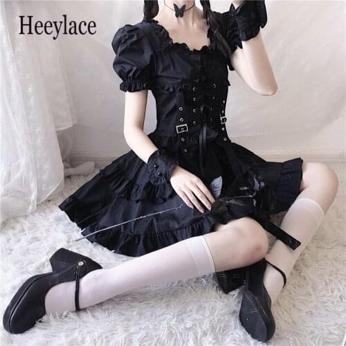 Victorian Renaissance Black Gothic Lolita Dress Japanese Girl Vintage Punk Style Puff Sleeve Bandage Mini Dress Women Dresses