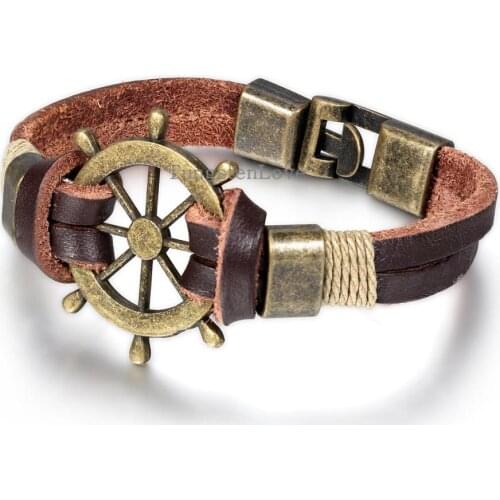 21.5cm Men Jewelry Pirate Style Bronze Genuine Leather Rudder Bracelets Wholesale Cuff braided Bracelet & Bangles Gifts