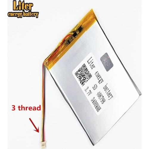 3 thread Polymer battery 3400mah 3.7V 406798 smart home MP3 speakers Li-ion battery for dvr,GPS,mp3,mp4,cell phone
