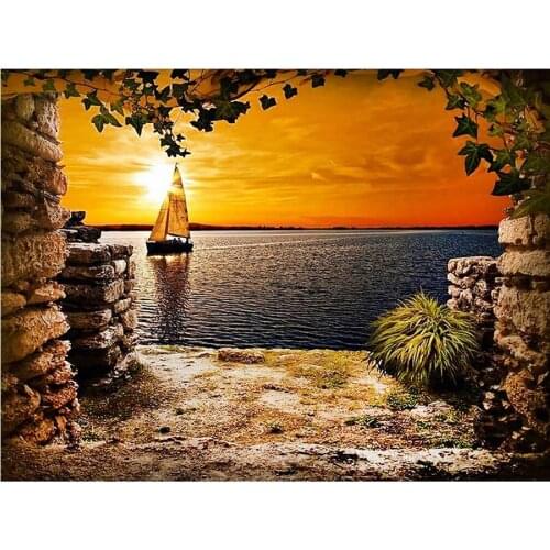 5D Diy outside the window diamond painting Beach seascape ship sunset diamond embroidery Rhinestone cross stitch mosaic decor