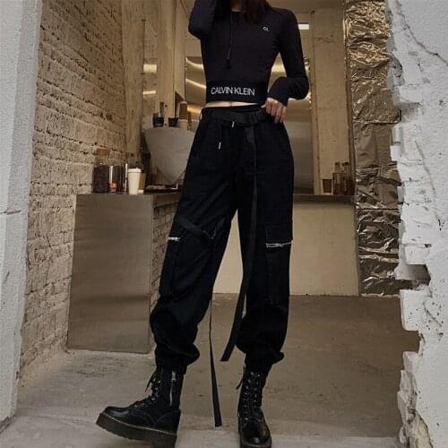 Joggers Woman Pants Casual Skateboarding Sweat Pants Black High Fashion Zipper Pocket Trim Summer Sports Streetwear Baggy Thin