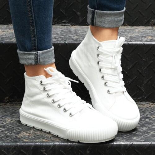 High Top Canvas Shoes Women Casual Sneakers White Shoes Fashion Platform Shoes Lace-up Flats Vulcanized Shoes Zapatos De Mujer