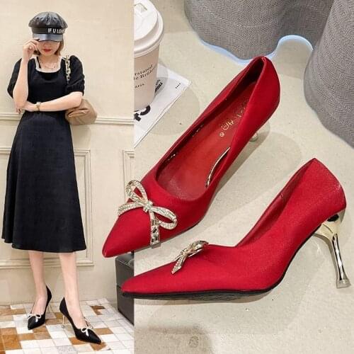 Red Satin High Heels Womens Stiletto Heels New Spring 2021 Wedding Shoes with Rhinestone Bows Pointed Toe Bridal Shoes