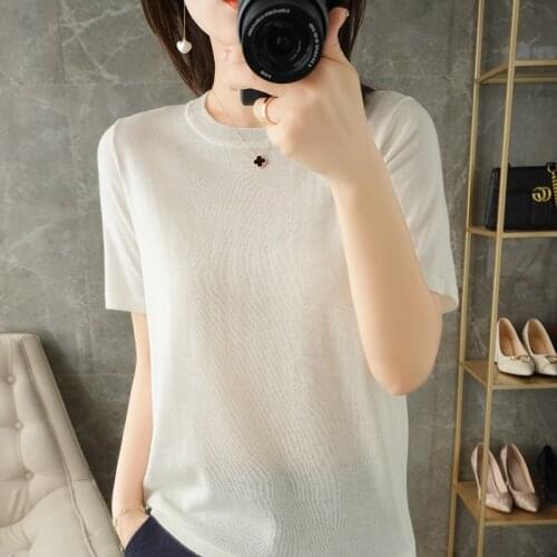 Summer new style ladies short-sleeved 100% pure wool knitted short-sleeved O-neck pullover sweater plus size loose top women