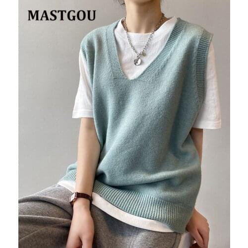 MASTGOU V Neck Knitted Vest Womens Sweater Spring Autumn Oversized Loose Wild Sweater Vest Sleeveless Pullover Sweater Pull