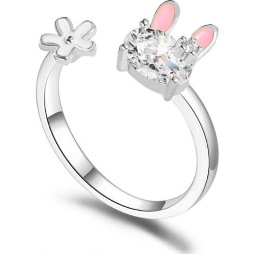 Sweet Women Fashion Rabbit Flower Rings for Women Cute Lovely Crystal Wedding Engagement Rings Jewelry Gifts