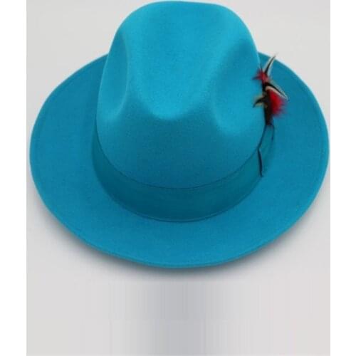 Mens Fashion Fedoras Wool Cap Male Lake Blue Jazz Wool Cap Classic Light Blue Felt Fedora Hat Godfather Hat Cowboy Cap B-8119