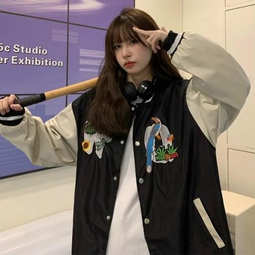 2021 autumn new Harajuku style embroidery loose and versatile baseball uniform single-breasted long-sleeved jacket