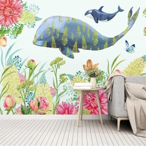 Custom customized 3D wallpaper mural Nordic small fresh cartoon whale watercolor flower bedroom background wallpaper mural