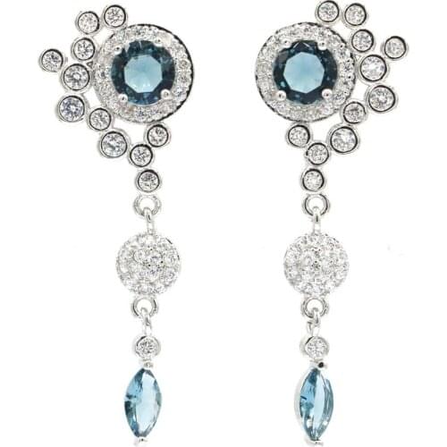 48x17mm Romantic Long 6g Created Green Peridot London Blue Topaz White Cubic Zirconia Silver Earrings
