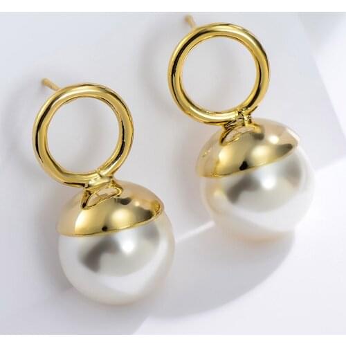 SRCOI Round Faux Pearl Ball Stud Earrings Gold Color Geometric Circle White Pearl Wedding Earrings For Women Party Gift Jewelry