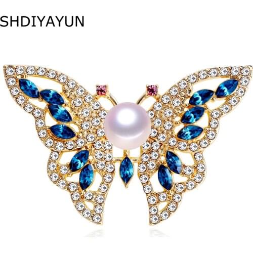 SHDIYAYUN 2019 Factory Direct Sale Rinestone Butterfly Brooch Natural Freshwater Pearl Brooch Pin for Women Wedding Jewelry Gift