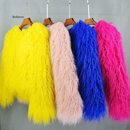 Womens Fur Coat Colorful Furry Pink Lamb Wool Faux Fur Coat Female Shaggy Plus Size Sheepskin Coat Winter Artificial Fur Jacket