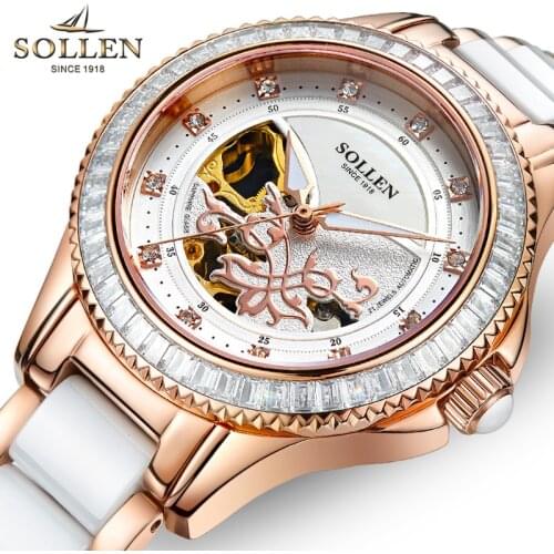 Switzerland SOLLEN Womens Watch Luxury Brand Automatic Mechanical Sapphire Luminous Waterproof Diamond & crystal Clocks SL402