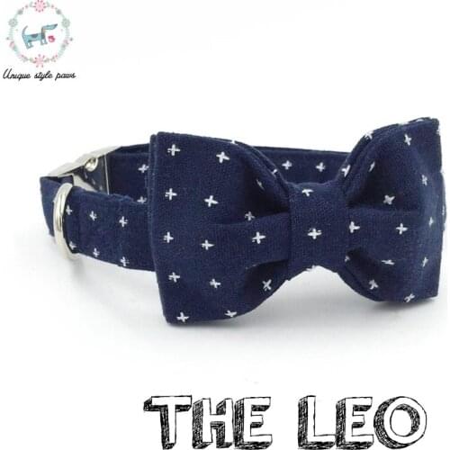 Blue Dog Collar And Leash Set with Bowtie Adjustable Pet Puppy Cotton Dog &Cat Necklace and Dog Leash
