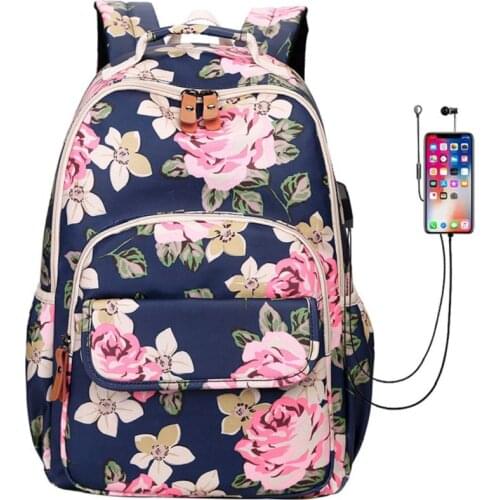 USB Charge Waterproof Women Bagpack Flower Printing School Backpack for Teenage Girls College Laptop Travel Bag Knapsack Bookbag