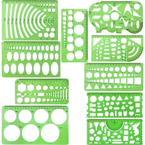 NEW-10 Pcs Green Plastic Drawings Templates Measuring Templates Geometric Rulers for School and Office Supplies
