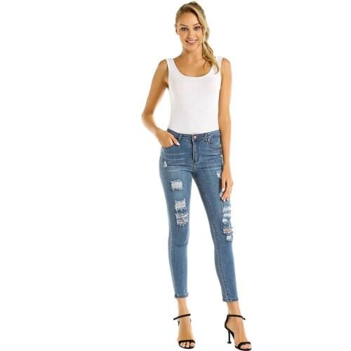 Women Casual Destroyed Ripped Distressed Skinny Denim Jeans