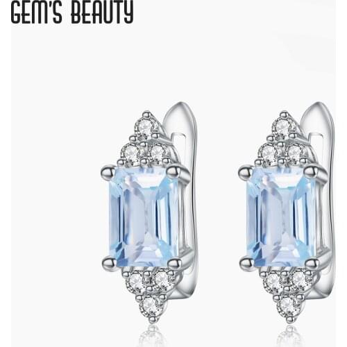 GEMS BEAUTY 925 Sterling Silver Emerald Cut Earrings For Women Simple Advanced Natural Sky Blue Topaz Handmade Earrings