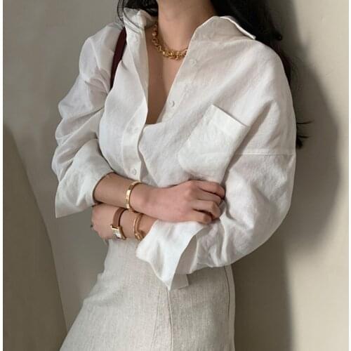 Johnature Summer New Korean Women Tops And Blouses 2021 Casual Solid Color Loose Turn-down Irregular Female Shirts